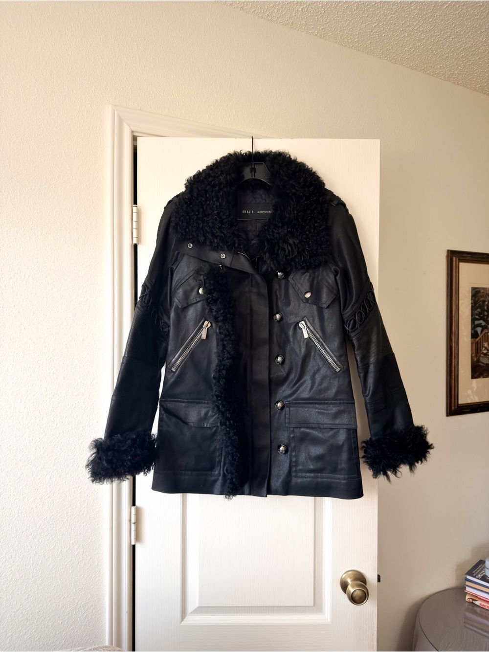Barbara Bui Coated Cotton Lamb Trim Military Coat Black 38 EUC